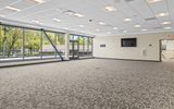 An empty room with large windows and a carpet.